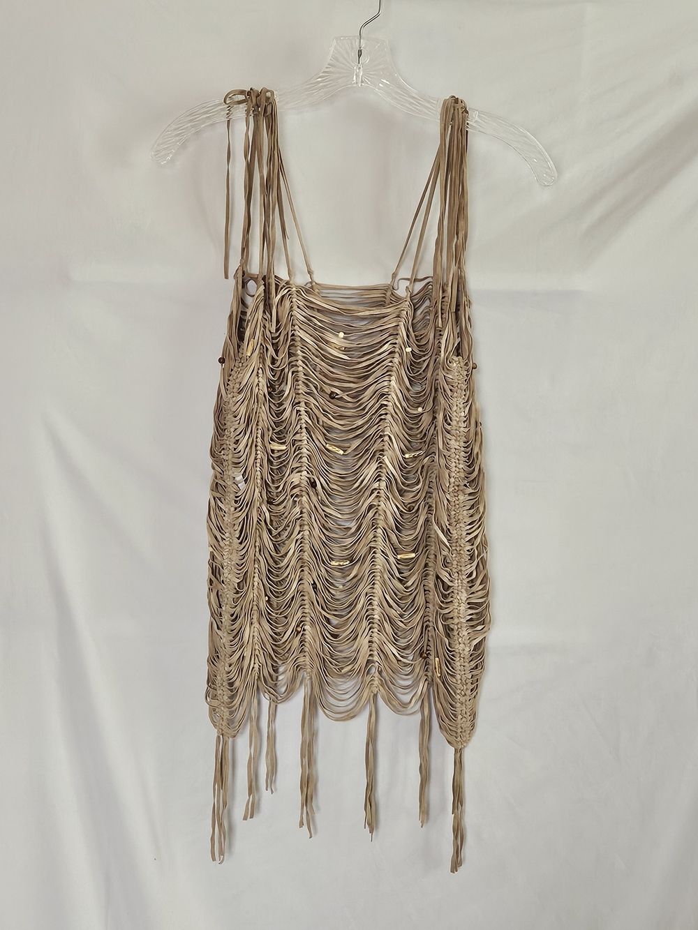Free People Lambskin Beaded Fringe Tank Top Womens L Boho Hippie Peasant Rare